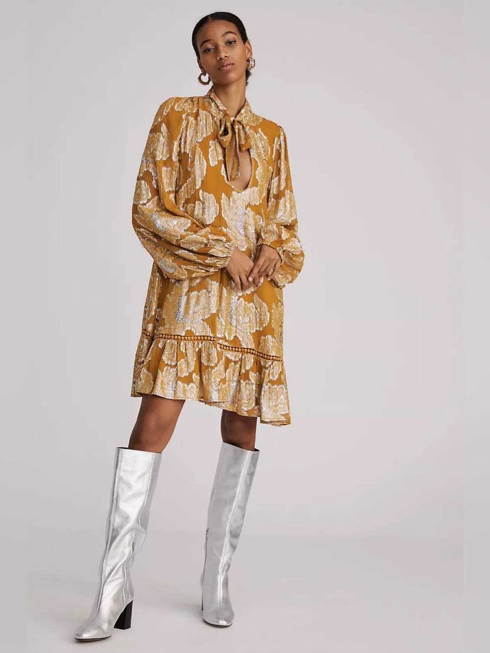 Anthropologie Maeve Tie-Neck Metallic Tunic Dress in Gold, size S